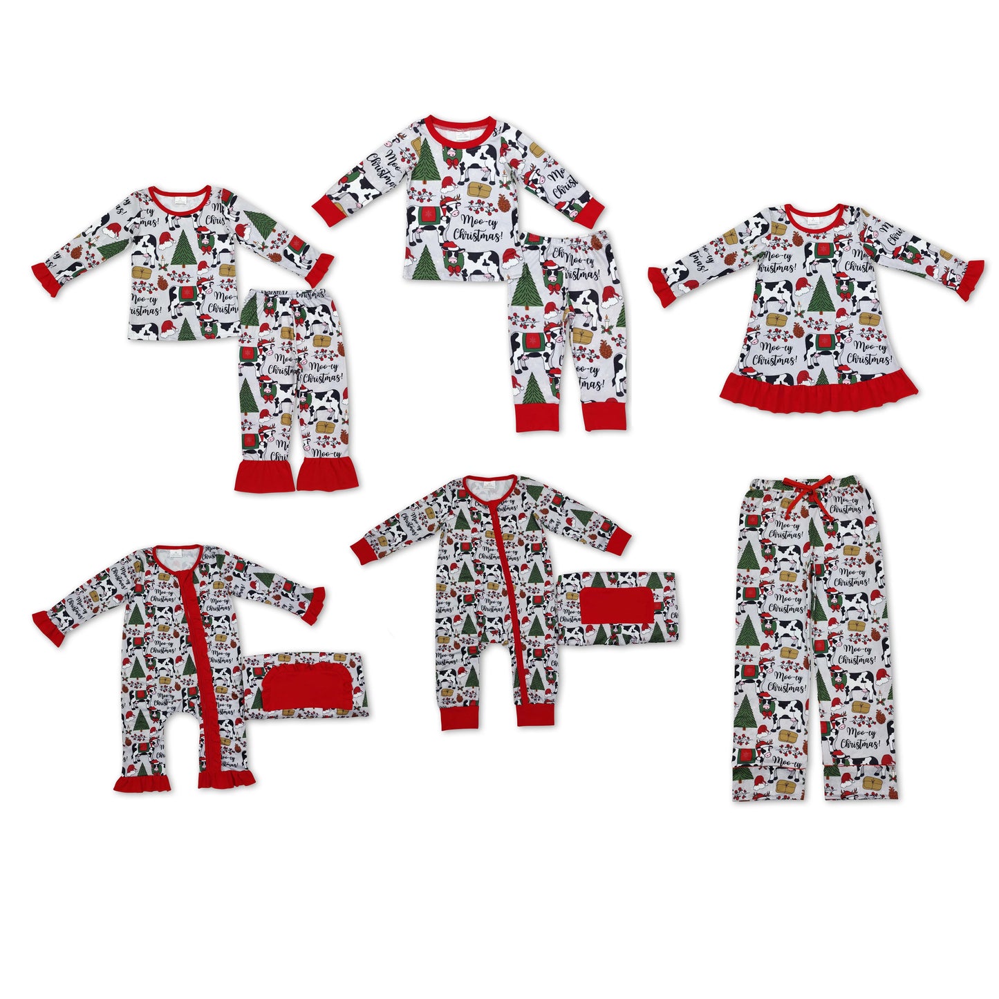 RTS NO MOQ Adult and Baby Girls Christmas Cow Gray And Red Zipper Pajamas Clothes Sets