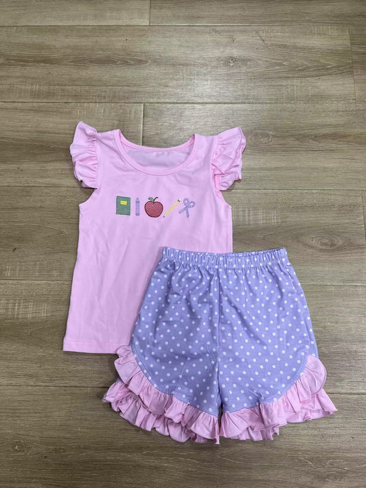 custom moq 5 eta 4-5 weeks baby girls clothes apple pink flying sleeve shorts girls summer outfit