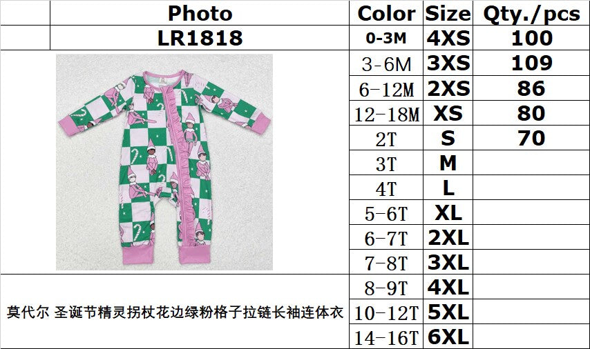 BAMBOO RTS NO MOQ ETA 5/7days LR1818 Modal Christmas elf cane lace green and pink plaid zipper long-sleeved jumpsuit