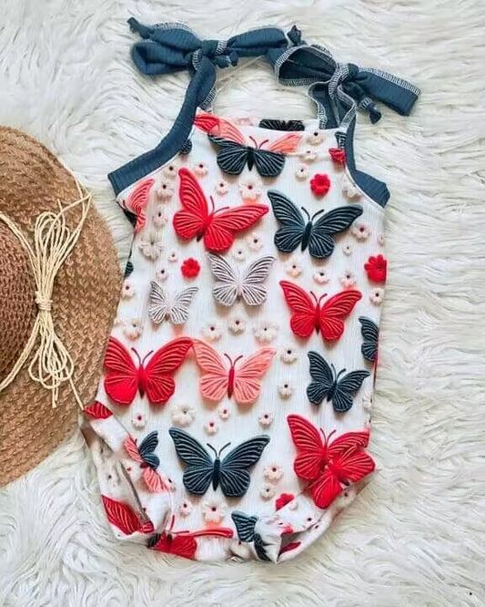 custom moq 5 eta 5-6 weeks baby girls clothes Butterfly blue suspender summer bubble