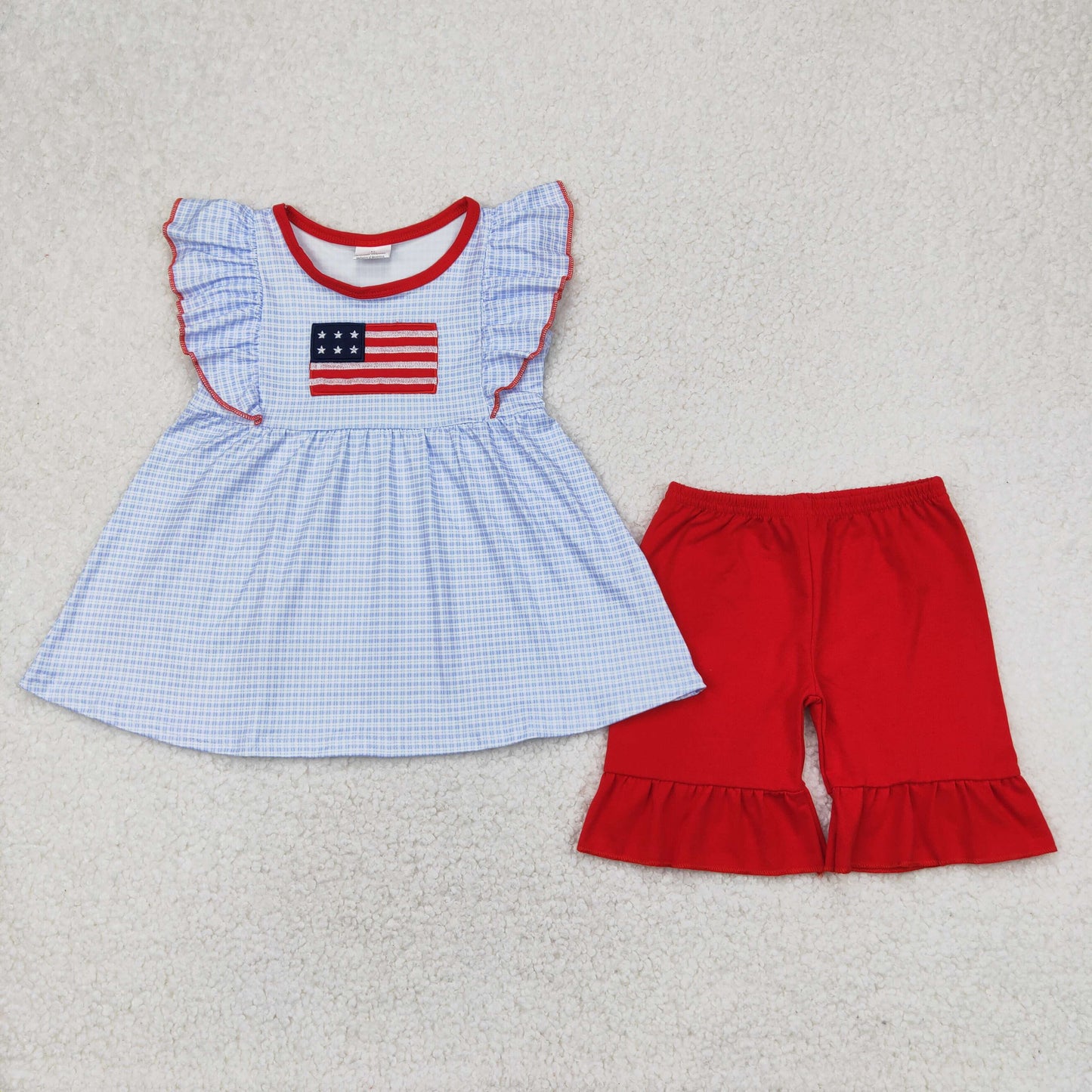 RTS NO MOQ GSSO2238 Embroidered National Day flag blue plaid flying sleeve red shorts set