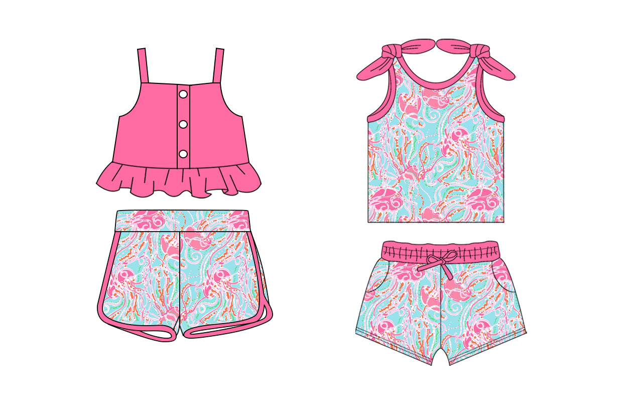 1.20 custom each style moq 5eta 4-6week Sibling Sister floral pattern baby girls short sleeve shorts sets and set 2 match design