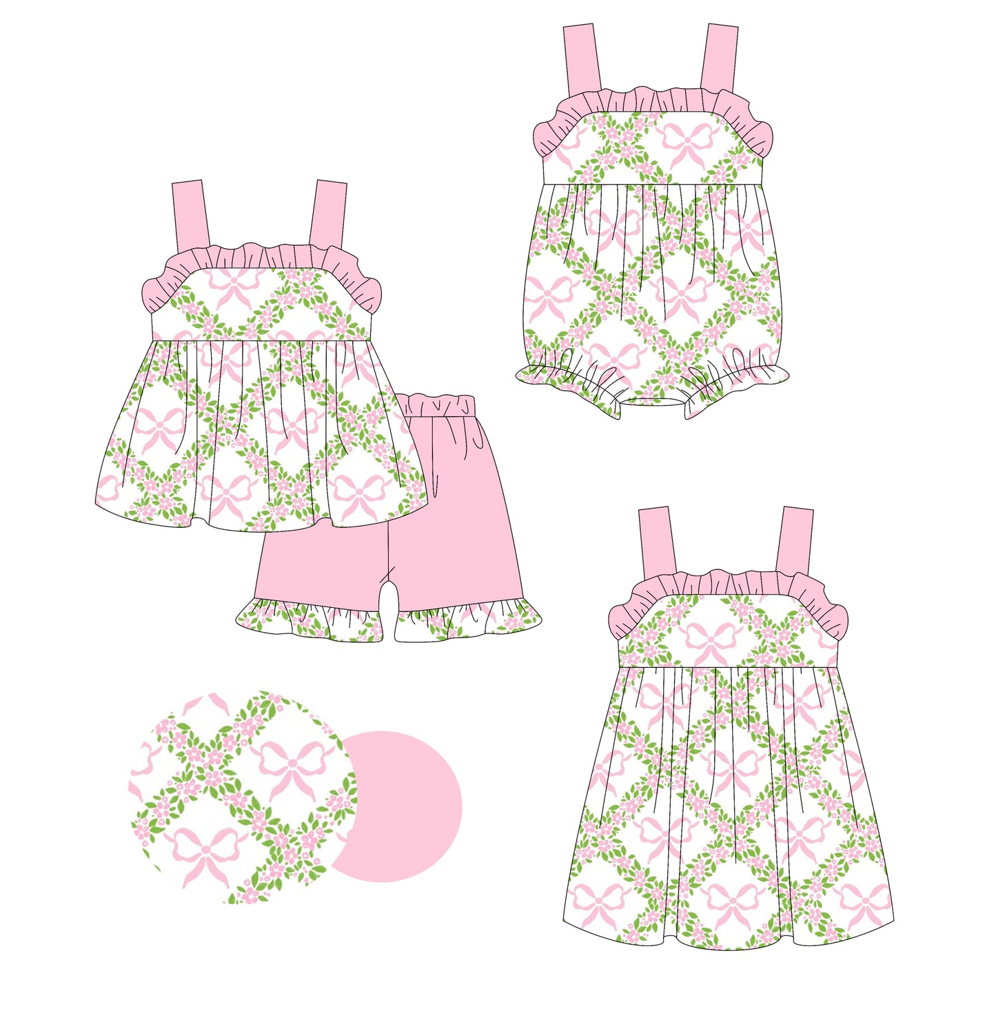 1.23 custom each style moq 5eta 4-6week Sibling Sisters bow floral baby girl short sleeve shorts sets and dress and rompers match family design