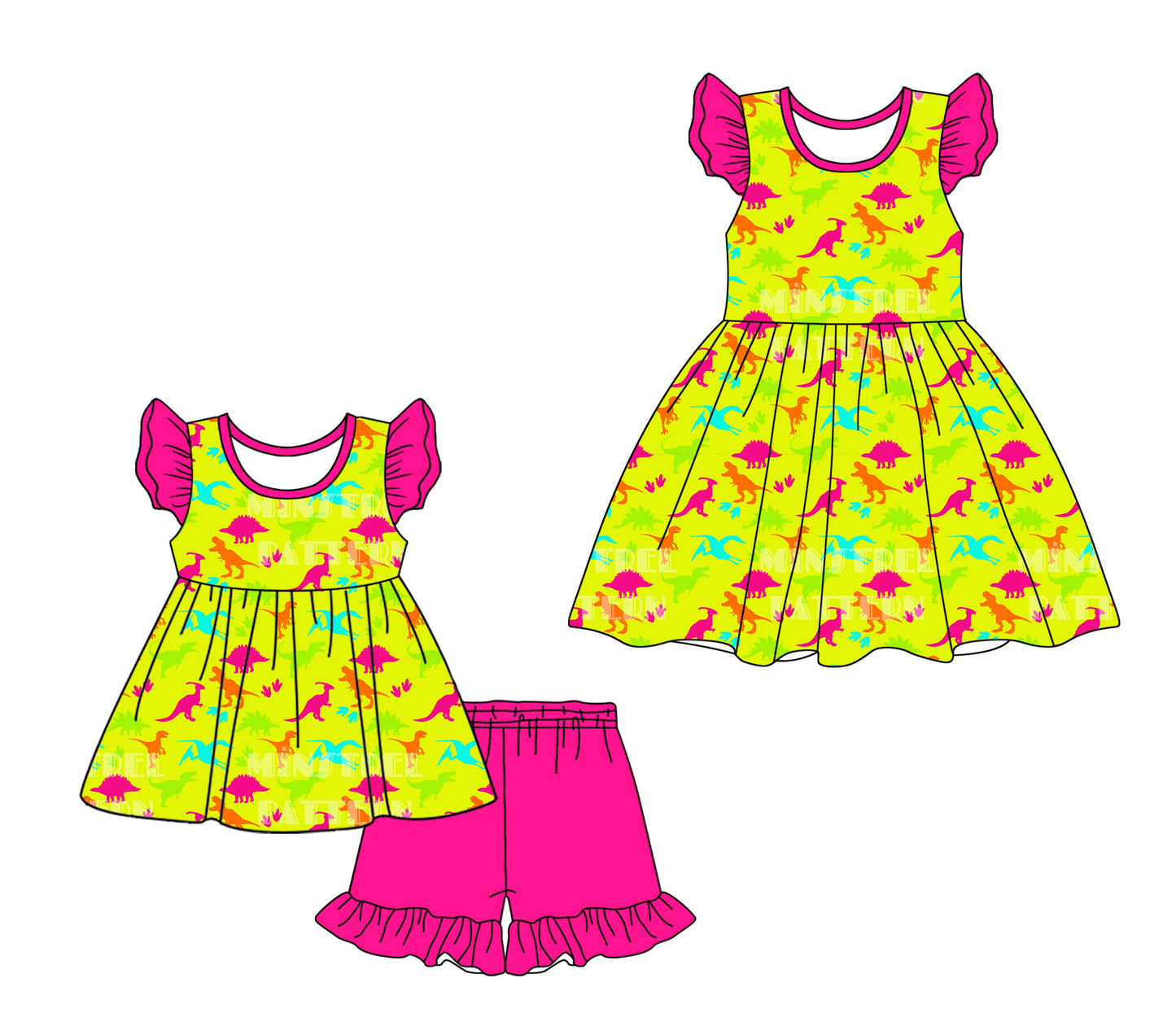 2.8 custom each style moq 5eta 4-6week Sibling Sister dinosaur baby girl short sleeve shorts sets and dresses match design