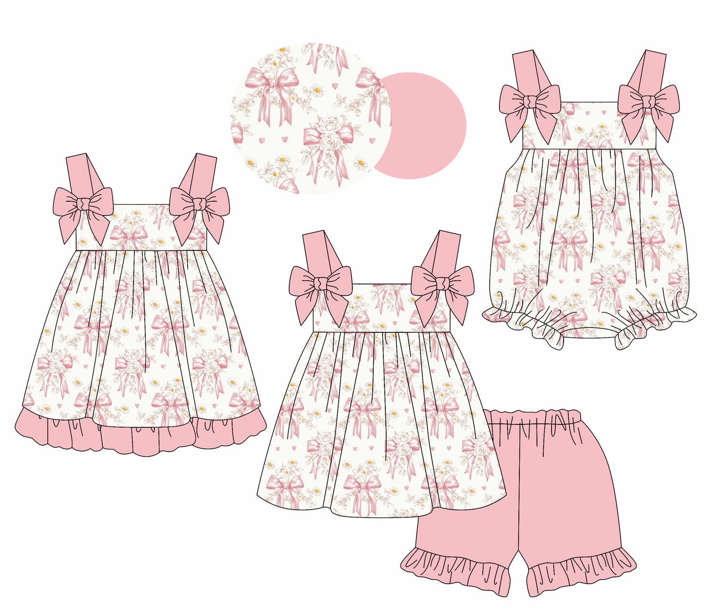 1.23 custom each style moq 5eta 4-6week Sibling Sisters bow baby girl short sleeve shorts sets and dress and rompers match family design