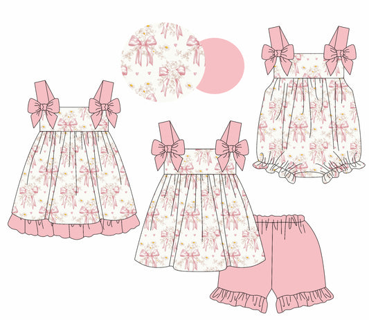 1.23 custom each style moq 5eta 4-6week Sibling Sisters bow baby girl short sleeve shorts sets and dress and rompers match family design