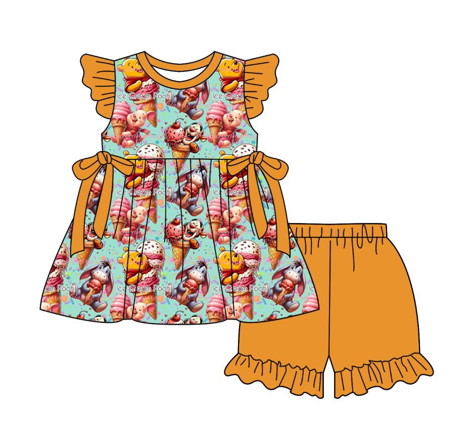 Custom moq 5 mix size milk silk baby girl boy clothes cartoon short sleeve shorts sets 2 and dresses and top