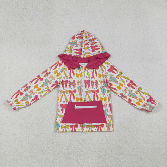 RTS NO MOQ（In Stock) GT1121 Bow pattern star rose red pocket zip-up hooded long-sleeved top