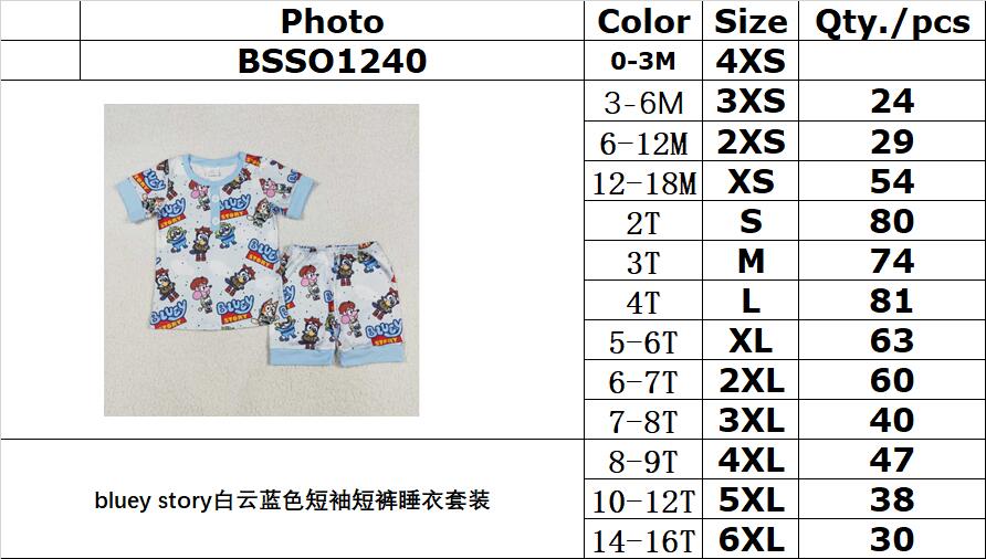 RTS NO MOQ ETA 5/7days Arrived BSSO1240 bluey story white cloud blue short-sleeved shorts pajamas set