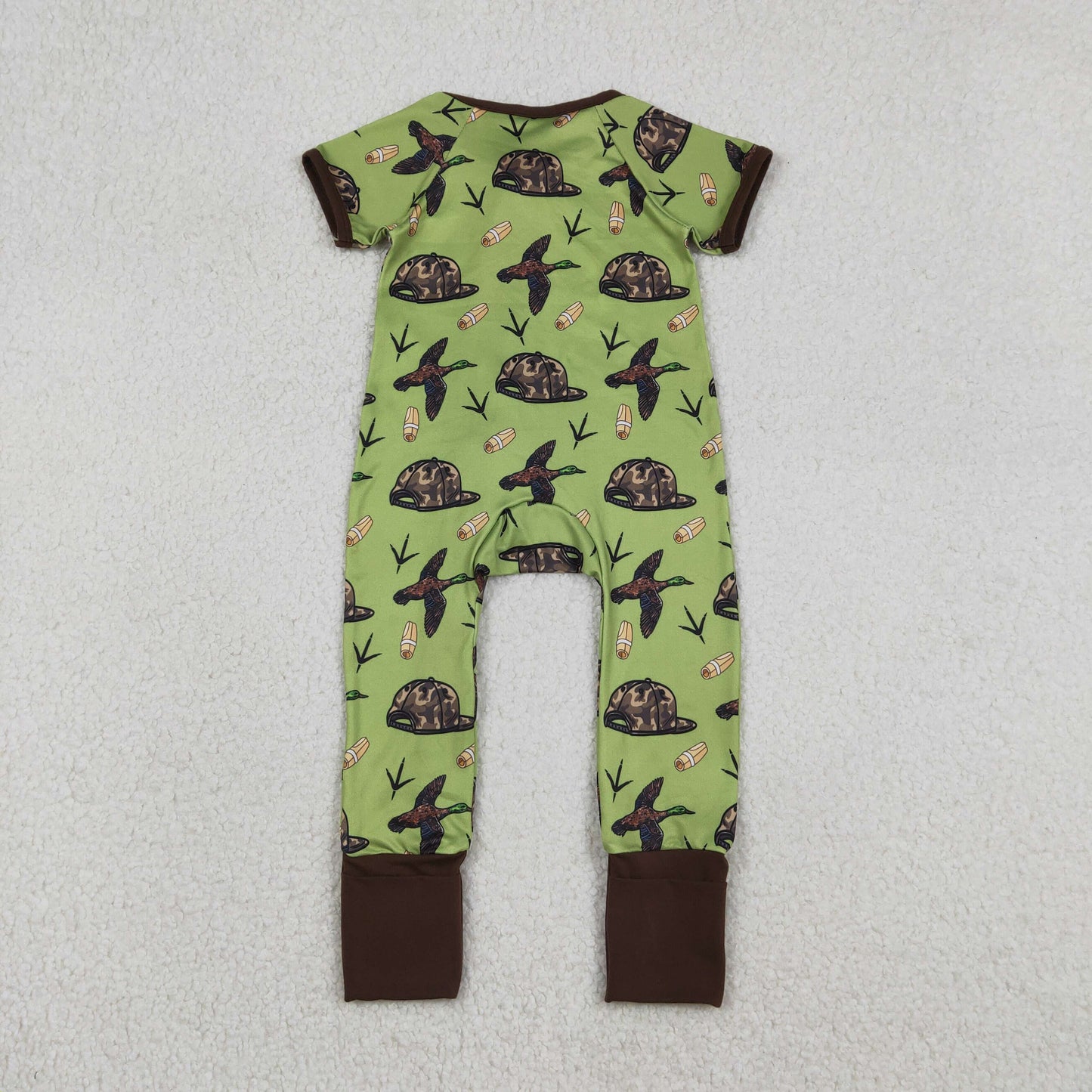 RTS NO MOQ（In Stock) Brown Green Zipper Short-Sleeve Jumpsuit with Duck Camouflage Hat