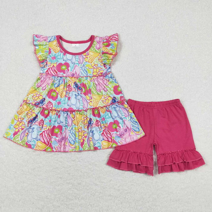 RTS NO MOQ Baby Girls Colorful Puppy Pattern Fly Sleeve Top Lace-Up Shorts Set