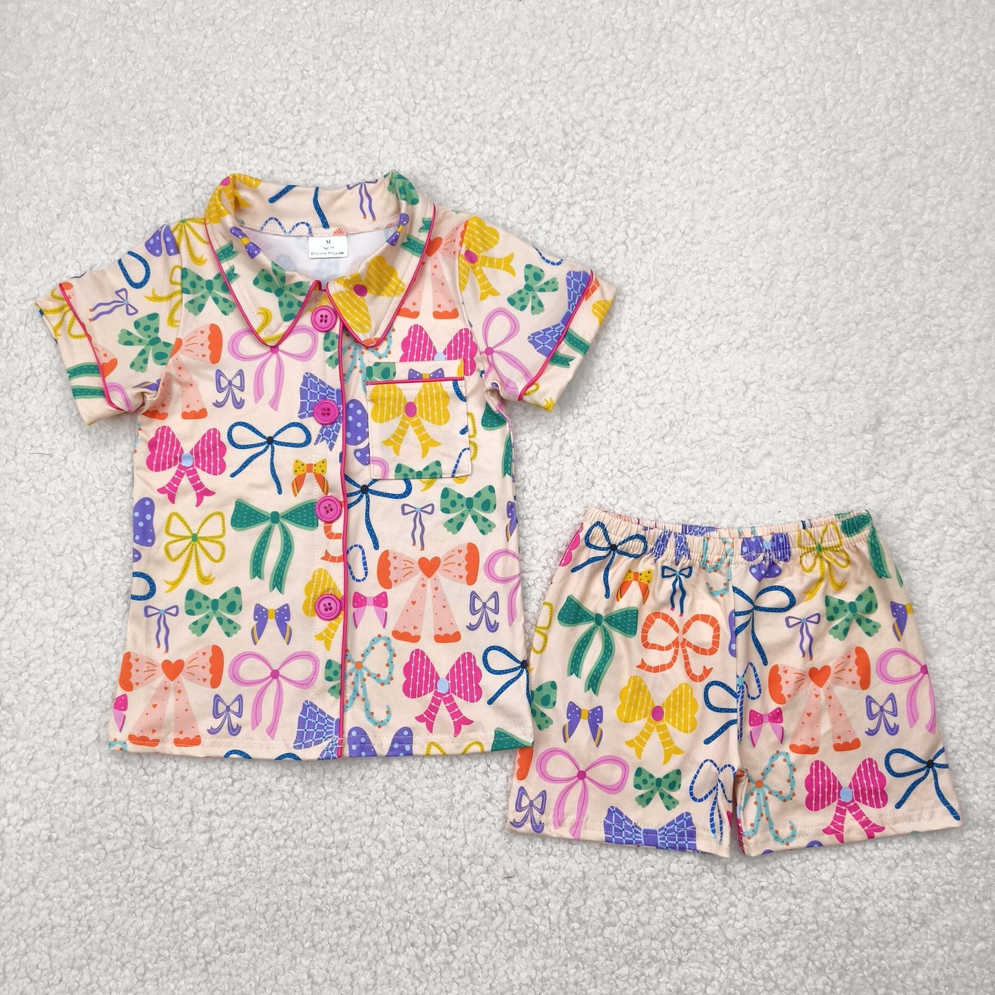RTS NO MOQ GSSO2487 Colorful pattern bow pattern beige short sleeve shorts pajama suit