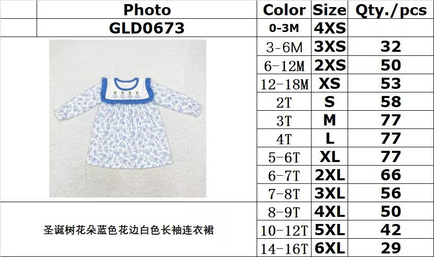 rts no moq GLD0673 Christmas tree flower blue lace white long-sleeved dress