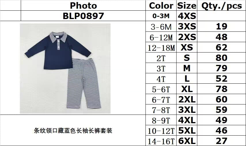 RTS NO MOQ ETA 5/7days BLP0897 Striped collar navy blue long-sleeved long pants set