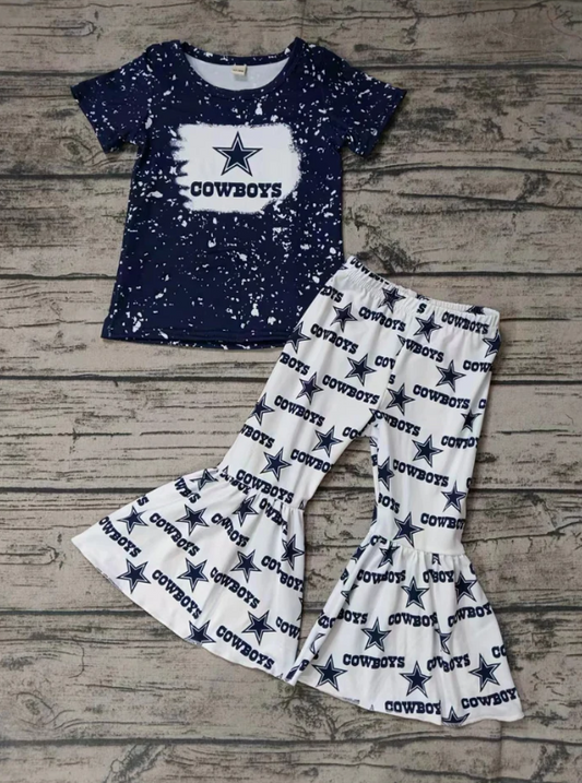 Deadline September  14 custom no moq eta 6-8weeks Navy blue five-pointed star snowflake short-sleeve-white flared pants suit