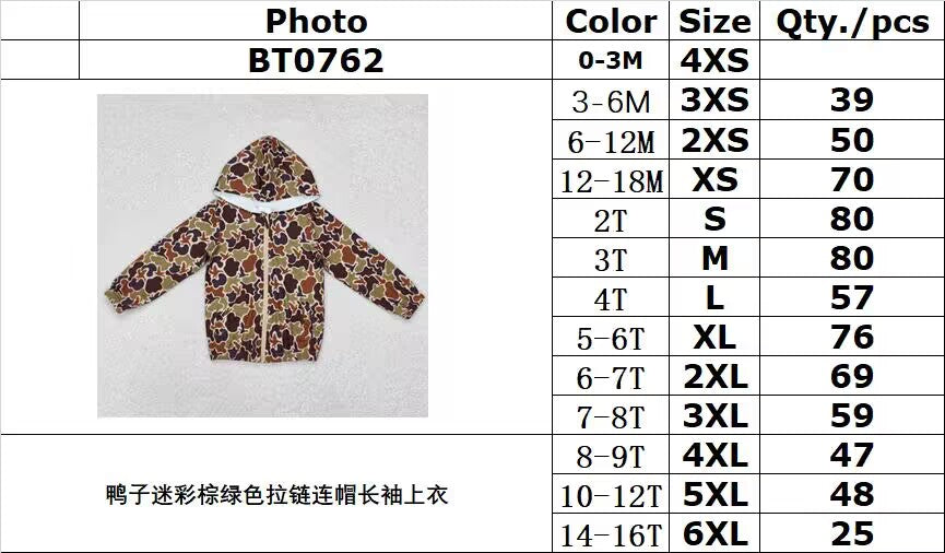 RTS NO MOQ ETA 5/7days arrived BT0762 Duck camouflage brown and green zip-up hooded long-sleeved top