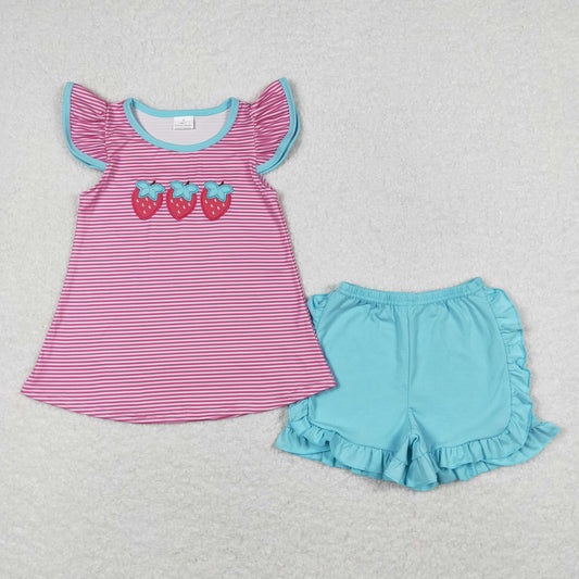 GSSO0556 Embroidered strawberry pink striped flying sleeve blue shorts suit