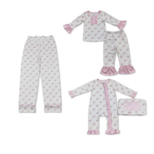 RTS NO MOQ Pink Santa Claus Printed Pattern Ruffled Cuffs White Long Sleeve Suit & Long Zipper Romper & Adult Pants