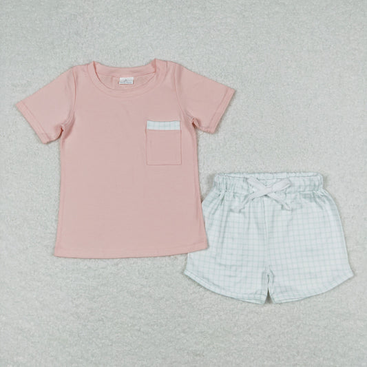 BSSO0698 Pocket Pink Short Sleeve Plaid Shorts Suit