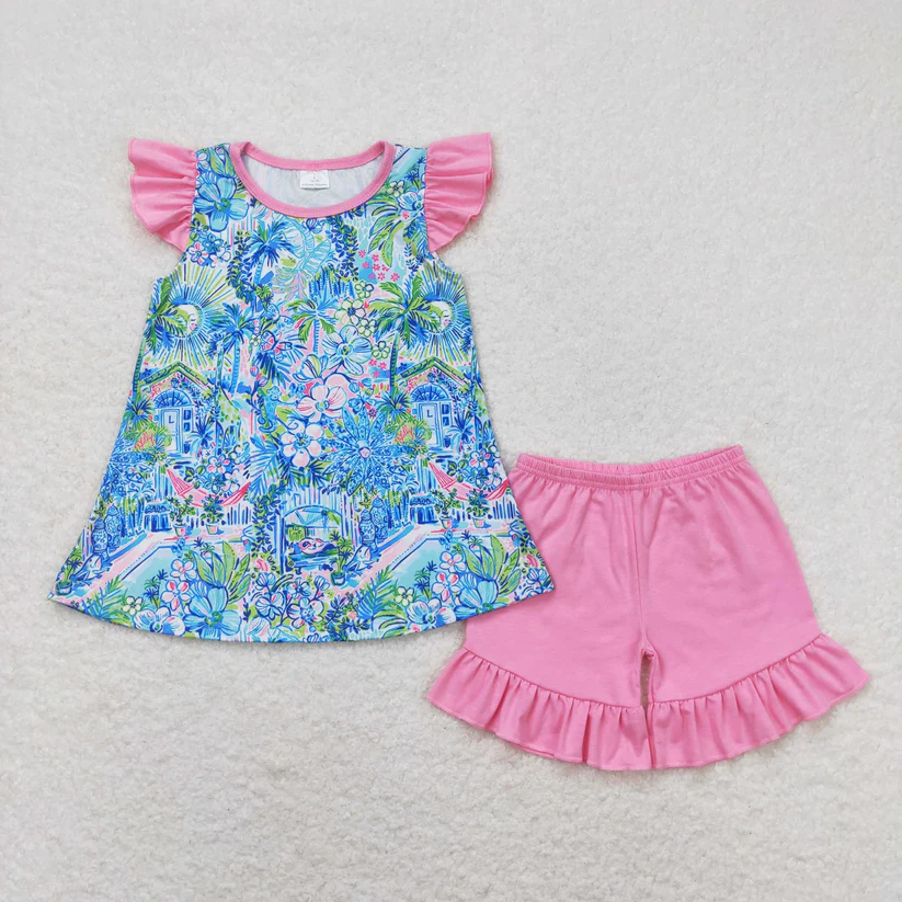 RTS NO MOQ Baby Girl Summer Pattern Short Sleeve Shorts Sets