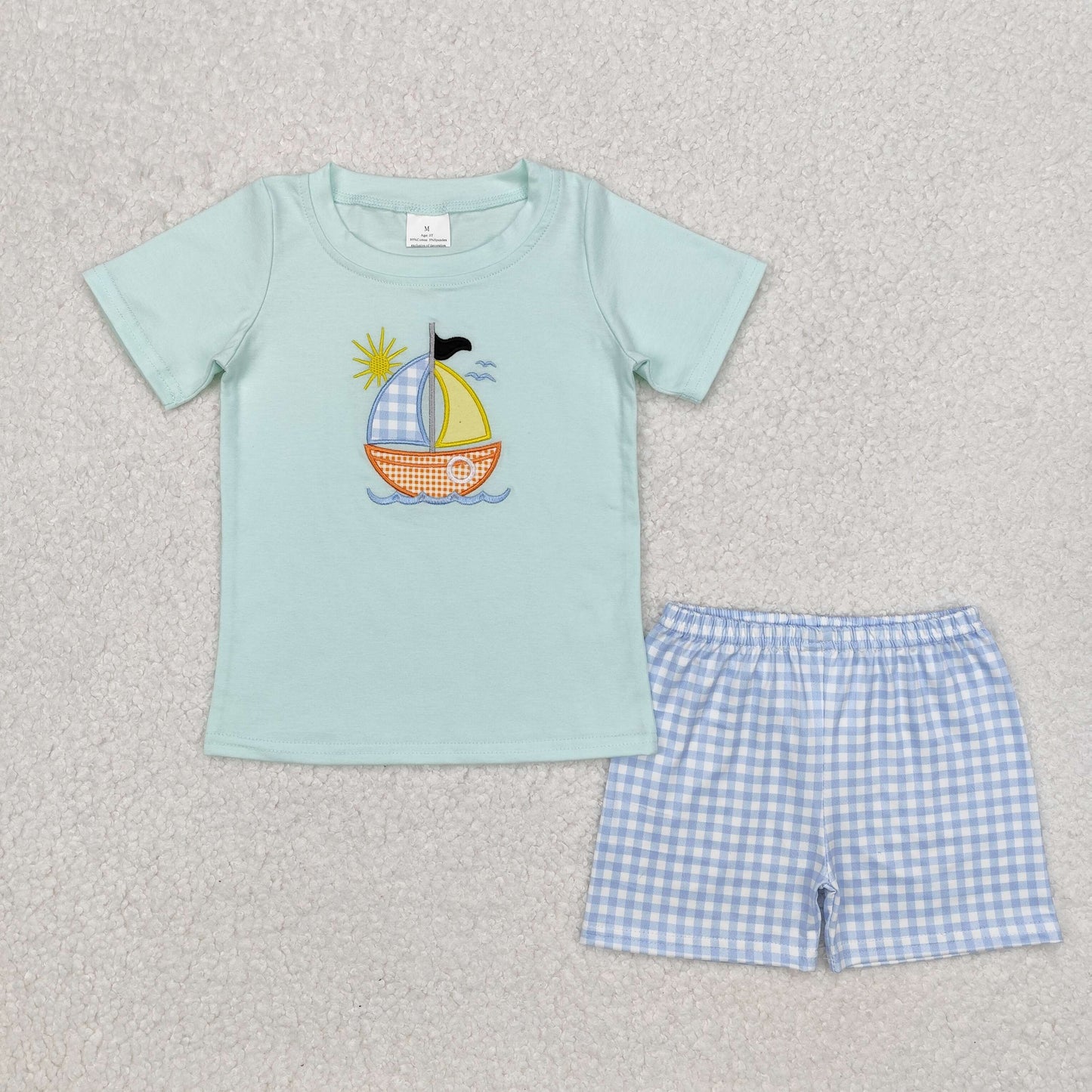 RTS NO MOQ（In Stock) Embroidery sun sail cyan short sleeve blue plaid shorts set