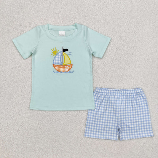 RTS NO MOQ（In Stock) Embroidery sun sail cyan short sleeve blue plaid shorts set