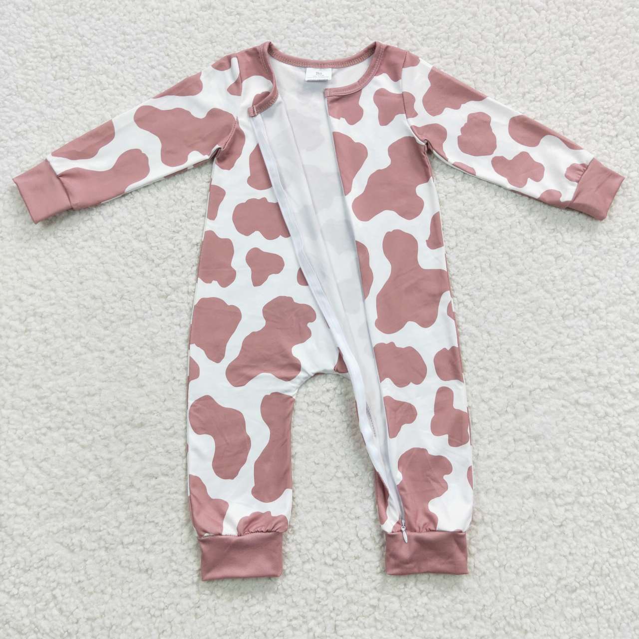 LR0333 Rose Pink Leopard White Zipper Long Sleeve Bodysuit