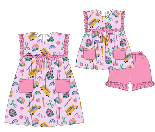 3.17 custom each style moq 5eta 4-6week Sibling Sister back to school baby girl short sleeve shorts sets and dresses match design