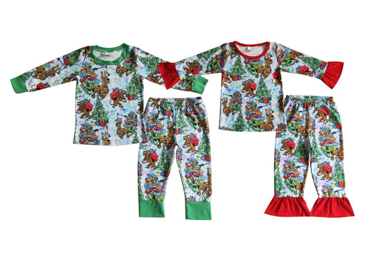 Baby Girls boys Christmas style cartoon print green red Family siblings set