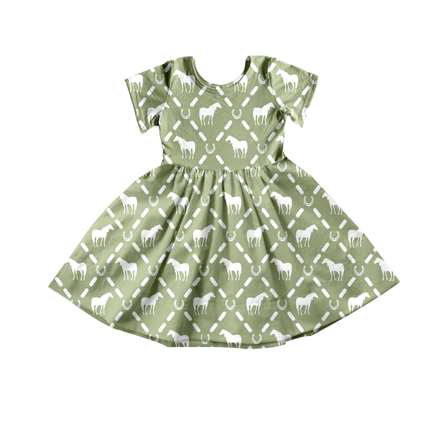 5.2custom each style moq 5eta 4-5week Sibling Sister horse prints green girls jumpsuits and dress and baby romper match family design