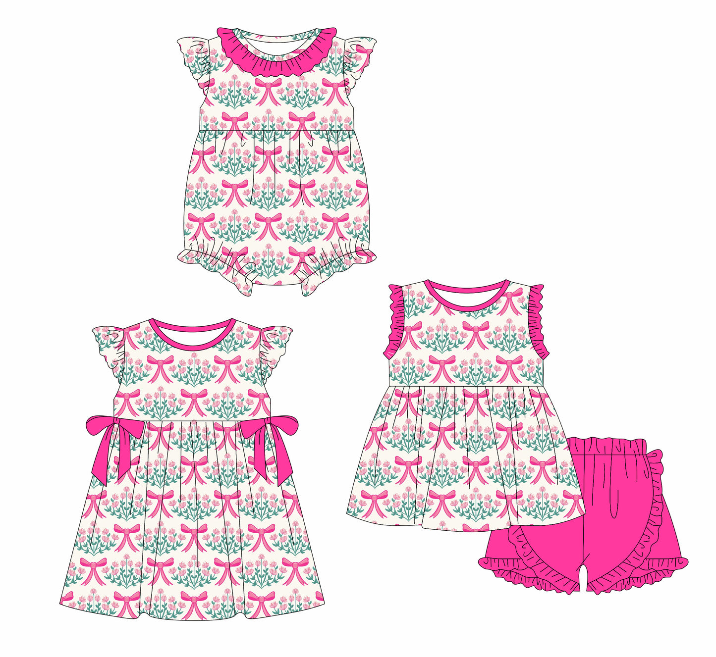 1.10 custom each style moq 5eta 4-6week Sibling Sister floral bow baby girl short sleeve shorts sets and dress and rompers match family design