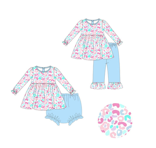 5.14custom each style moq 5eta 4-5week Sibling Sister Color leopard print blue girls outfit match family design