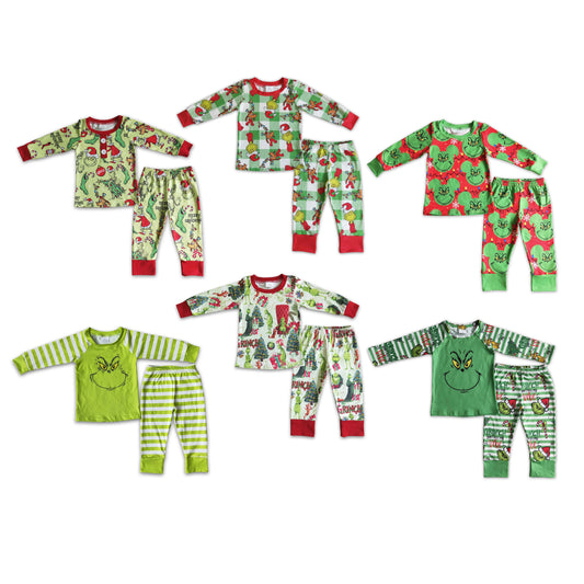 RTS NO MOQ Baby kids red and green Christmas green furry monster print long sleeve long pants pajama set