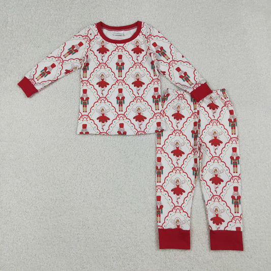 RTS NO MOQ（In Stock) 12/18m-7/8t GLP2808 Christmas Pink plaid long-sleeved trousers pajama set with a Nutcracker bow pattern