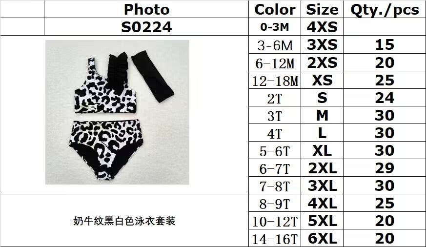 S0224 Cow print black and white swimsuit set with bow sets