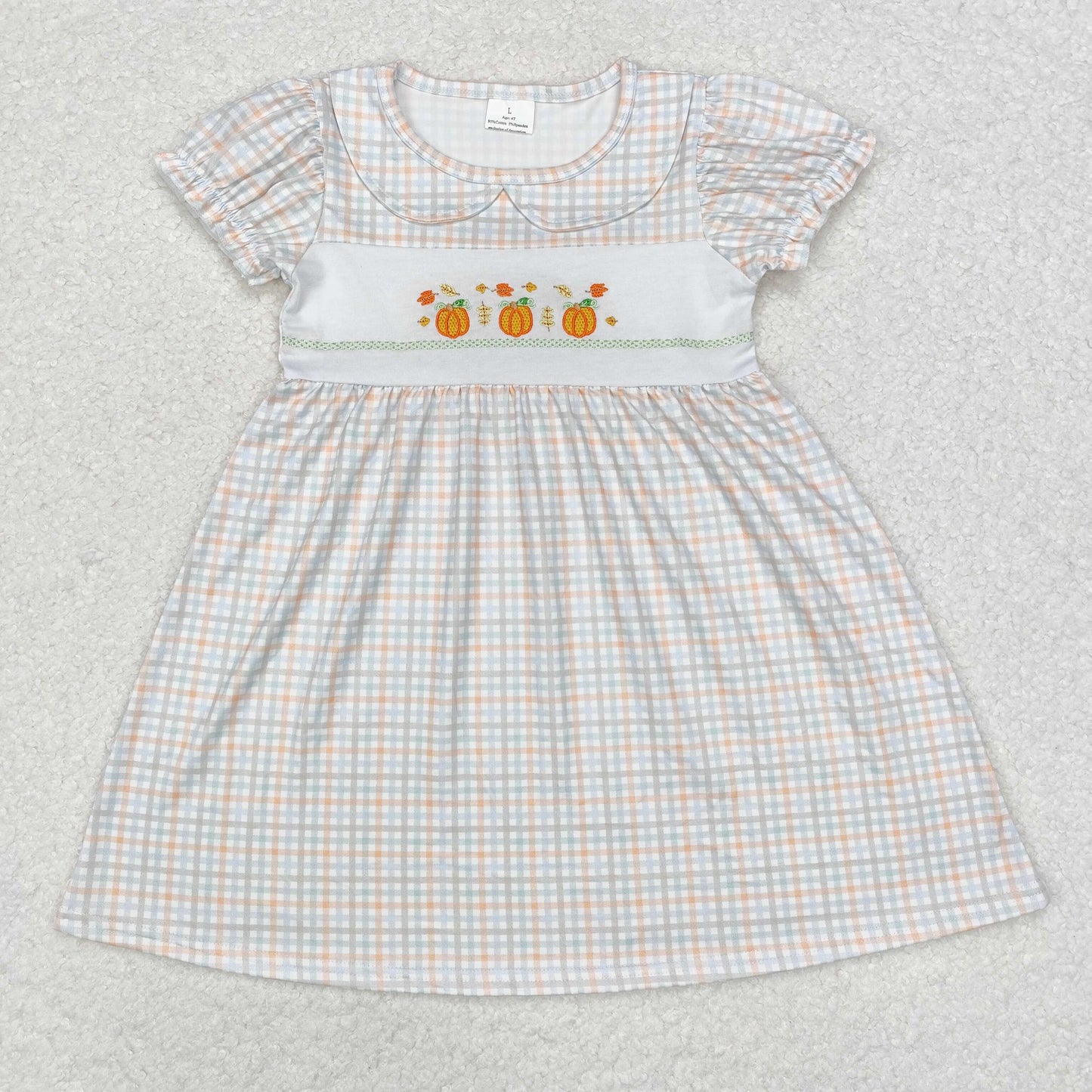 RTS NO MOQ ETA 5/7days GSD1420 Embroidered pumpkin collar plaid short-sleeved dress