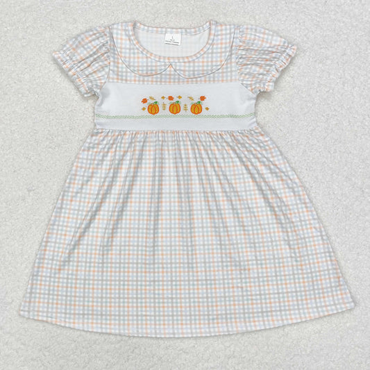 RTS NO MOQ ETA 5/7days GSD1420 Embroidered pumpkin collar plaid short-sleeved dress