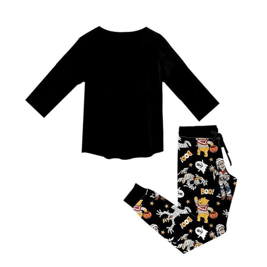 custom moq 5 eta 6-7weeks baby boys clothes cartoon Winnie the Pooh black Long Sleeve Long Pants Set