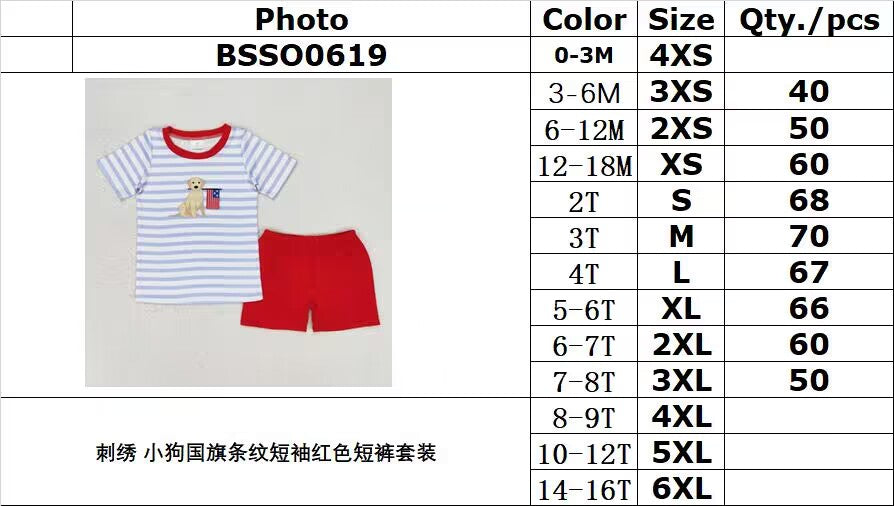 RTS no moq BSSO0619 Embroidered puppy flag striped short-sleeved red shorts suit