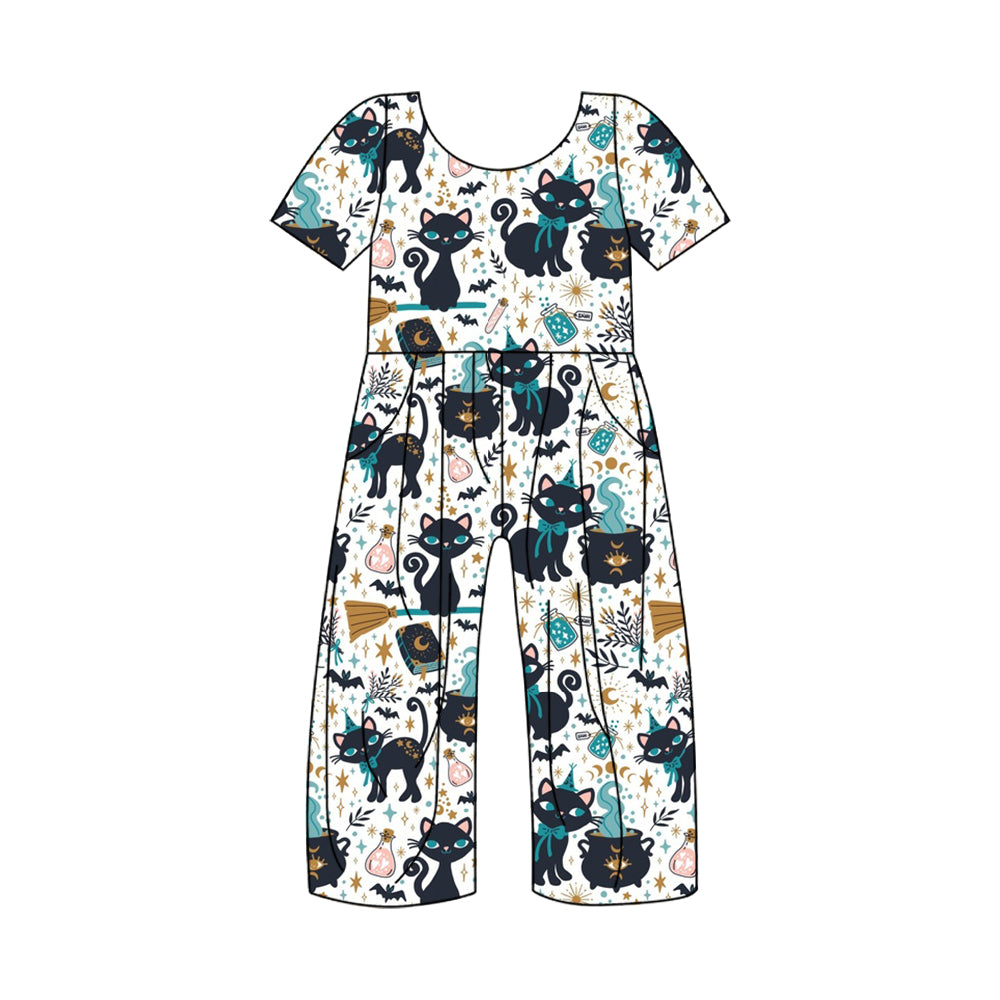 5.2custom each style moq 5eta 4-5week Sibling Sister magic cat prints white girls jumpsuits and dress and baby romper match family design