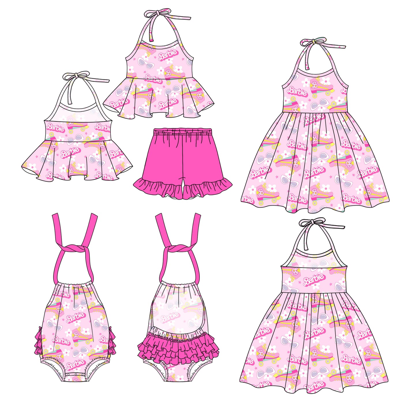 1.4 custom each style moq 5eta 4-6week Sibling Sistes barbie baby girl short sleeve shorts sets and dress and rompers match family design