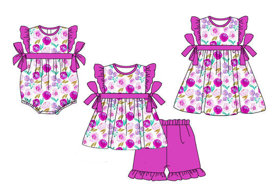 1.16 custom each style moq 5eta 4-6week Sibling Sisters floral baby girl short sleeve shorts sets and dress and rompers match family design