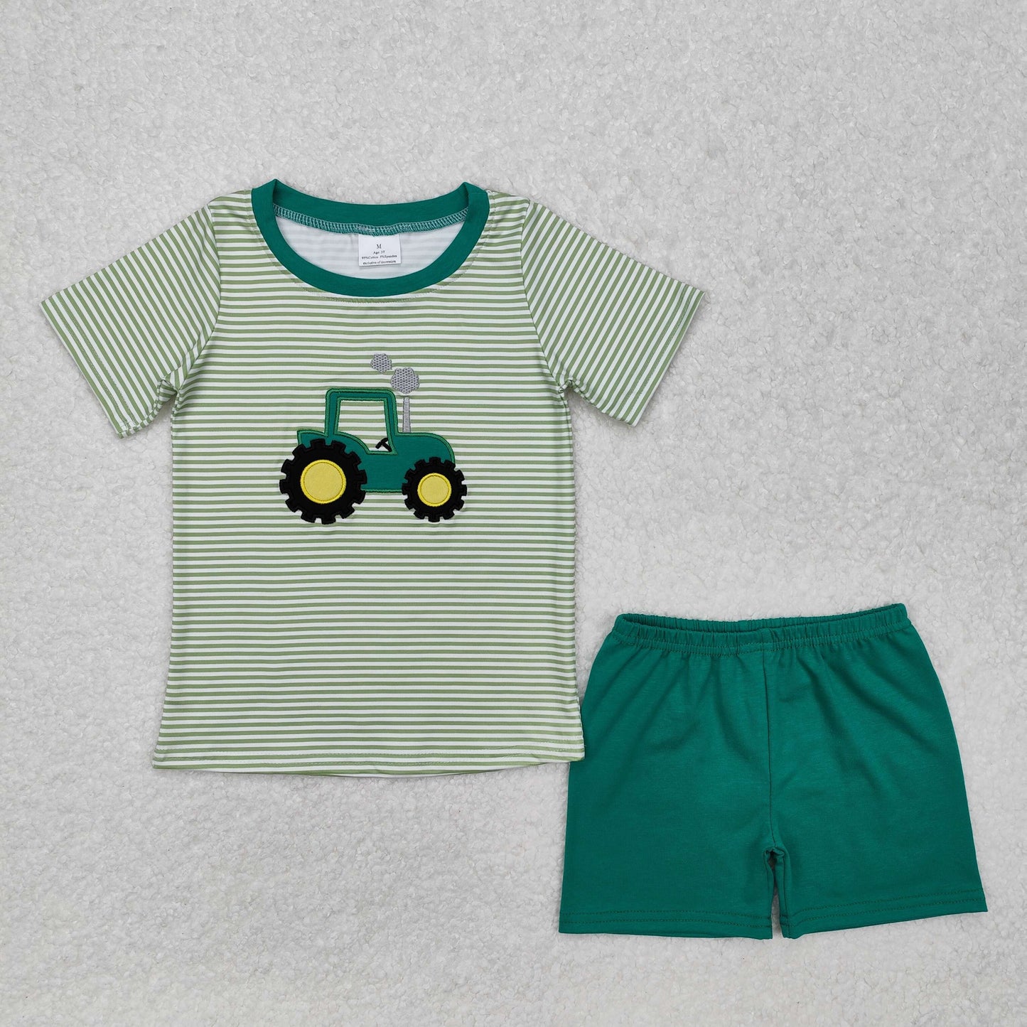 RTS NO MOQ ETA 5/7days Arrived BSSO1184 Embroidered farm tractor green striped short sleeve shorts set