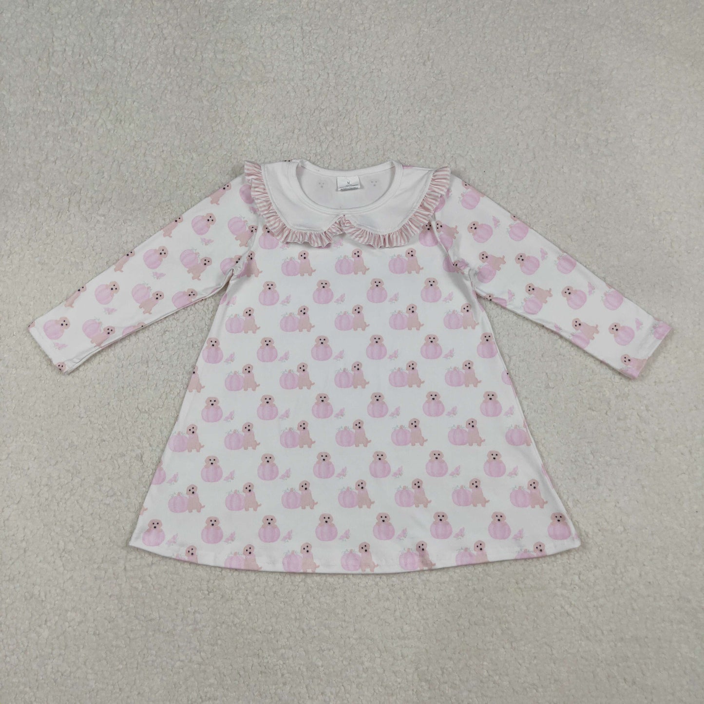 RTS NO MOQ（In Stock) GLD1157 Pink and white long-sleeved dress with pumpkin and puppy lace and a baby doll collar
