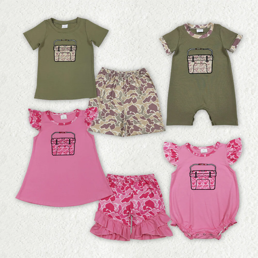 RTS NO MOQ sibling baby girls boy clothes embroidery camouflage short sleeve Clothes Sets and rompers