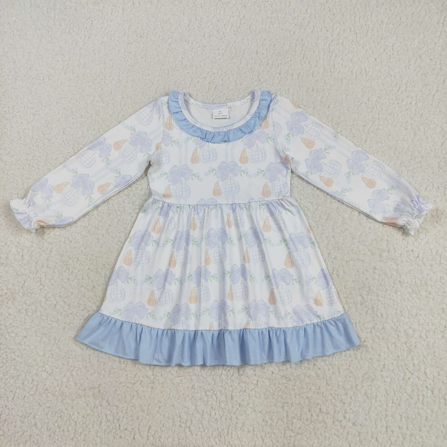 RTS NO MOQ（In Stock) GLD1129 White Long-Sleeved Dress with Pumpkin Bow Pattern and Blue Lace Trim