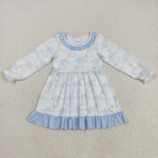 RTS NO MOQ（In Stock) GLD1129 White Long-Sleeved Dress with Pumpkin Bow Pattern and Blue Lace Trim