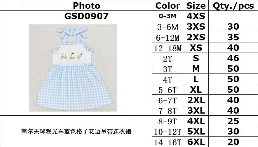 RTS no moq GSD0907 Golf sightseeing car blue plaid lace suspender dress