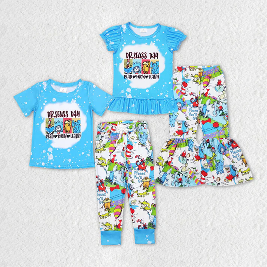 RTS NO MOQ dr seuss Blue Short Sleeve Pants Suit