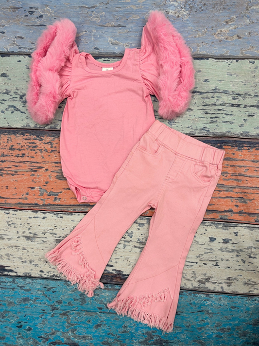 RTS NO MOQ ETA 5/7days Arrived P0463 romper Pink tassel elastic waist denim pants sets